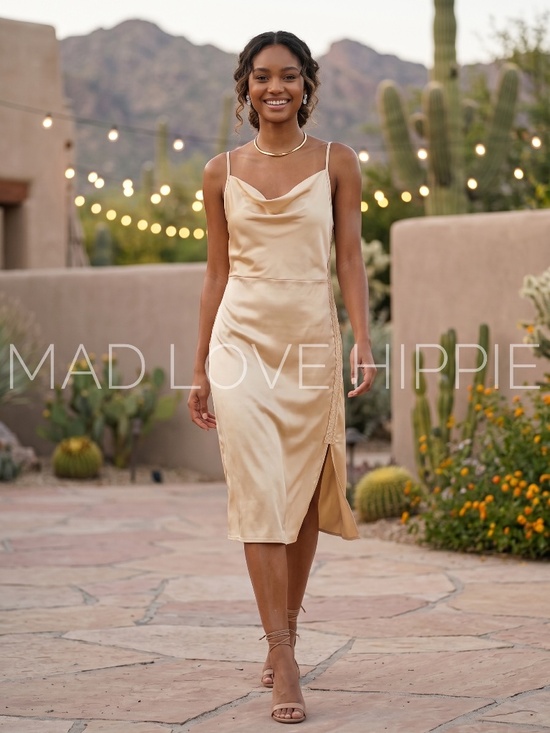 POL Dresses & Skirts - POL GoldChampagne Cowl Neck Midi Slip Dress | Lace Trim Draped Side Slit